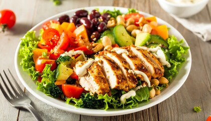 Delicious chicken salad bowl with vibrant veggies