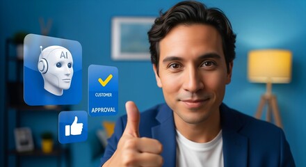 Man shows thumbs up for AI customer approval and satisfaction