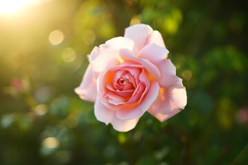 Soft pink rose bathed in golden sunlight