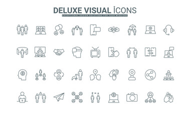 Teamwork and support, online social media conversation thin black outline symbols vector illustration. Business community, team organization and communication in partnership line icons set.