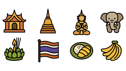 Icon set of Thai culture and food in flat vector style, including temple, stupa, Buddha, elephant, krathong, Thai flag, mango sticky rice, and banana