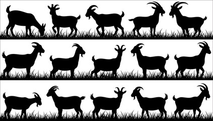 goat silhouettes on grass background, vector illustration, eps