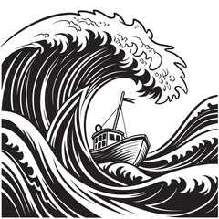 Fishing boat sailing on the stormy sea with big wave