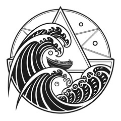 Hand drawn illustration of a boat in the sea with big waves inside circle
