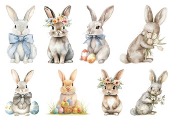 Fototapeta premium PNG Charming watercolor Easter bunnies illustration, element set on transparent background