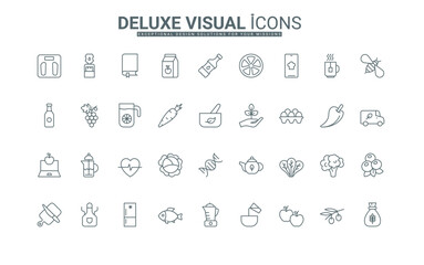 Food and drink online recipes for mobile application, spices for cooking and kitchen appliances thin black outline symbols vector illustration. Diet and healthy nutrition line icons set.