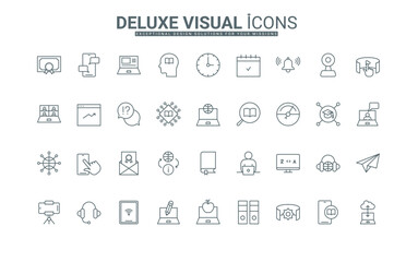 Class lesson with teacher and student, seminar and webinar, homework thin black outline symbols vector illustration. Online education, study and instructions, tutorials line icons set.