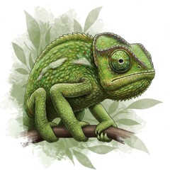 Obraz premium Green Chameleon Perched on Branch with Watercolor Leaves Background Illustration