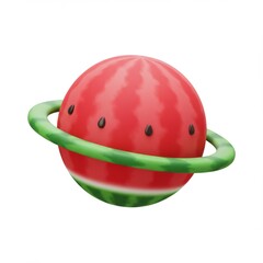Vibrant Watermelon Planet with Green Orbit Ring on White Background Close Up