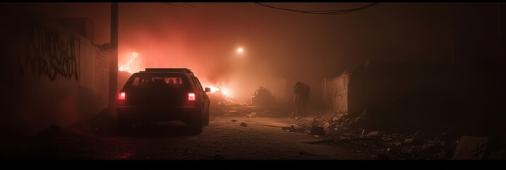 Nighttime urban scene with burning rubble and vehicles