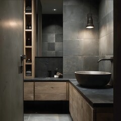 small modern bathroom in french appartement with black marble tiles and light oak wood cabinet french interior style