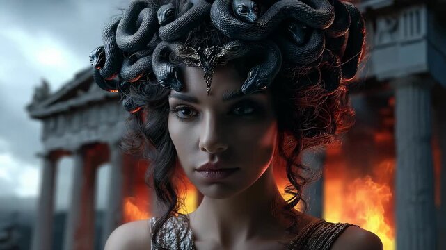 Jellyfish Gorgon myth: Medusa vision, ancient temple, sacred venom, marble statue, serpent crown, Olympian curse, divine wrath, tragic fate, petrified victim, mortal glance, cursed woman.