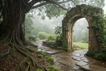 Fototapeta premium Misty Garden Entrance With Ancient Arch and Lush Greenery at Dawn
