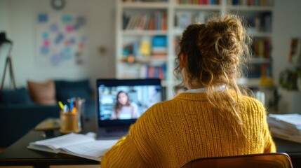 Woman with hair in a bun attending a video call at her desk, back view