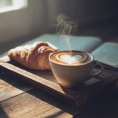 Steaming cup of coffee with heart shaped foam and flaky croissant morning breakfast ambiance