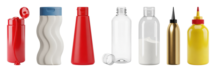 Squeeze bottle set including plastic and metallic containers with flip-top and pointed caps isolated. Packaging mockups and product design.