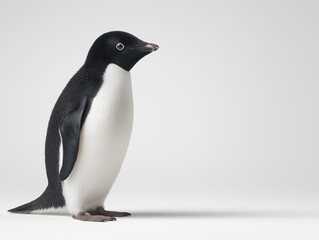 Fototapeta premium Adelie penguin standing gracefully on a smooth white surface, showcasing its distinctive black and white plumage, with a soft gradient background enhancing its elegant posture
