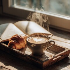 Cozy morning coffee with heart foam and croissant by the window reading a book