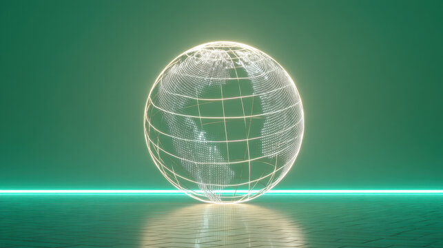 Glowing globe with digital grid design, set against green background, symbolizes global connectivity and technology. neon light adds modern touch, creating futuristic atmosphere