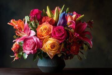 Lush and vibrant bouquet bursting with colorful roses lilies and exotic blooms