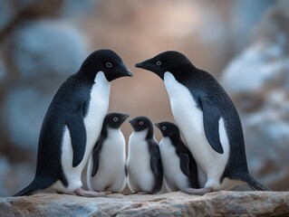Obraz premium Group of adorable penguins gathered together on rocky surface, showcasing family bond and nurturing behavior in a serene natural habitat with soft lighting