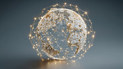 Digital globe representation with glowing connections symbolizes global communication and technology. intricate network of lights highlights interconnectedness of world, evoking sense