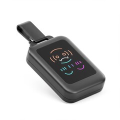 Black Electronic Device with Screen Displaying Stylized Neon Cartoon Art on White