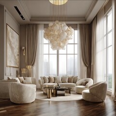 a luxurious chic living room sophisticated design natural color palette cream taupe champagne gold accents marble and velvet textures statement chandelier mod