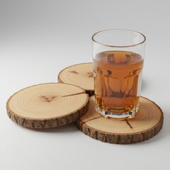 Amber Liquid in a Glass on Stacked Round Wooden Coasters with Textured Bark on White