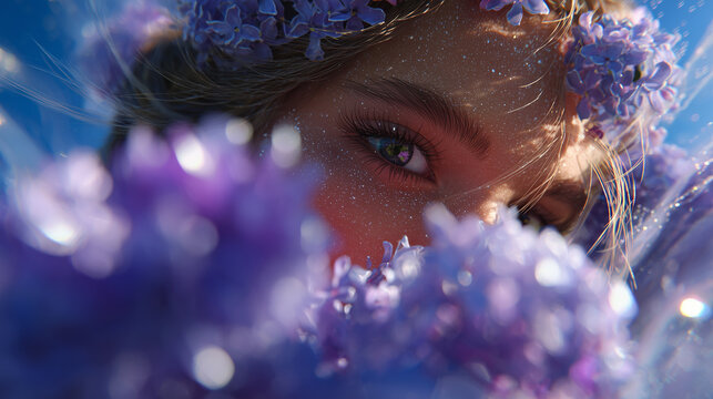 A woman with a floral crown and wings is surrounded by lilac flowers, creating a fantasy-like atmosphere. - Powered by Adobe