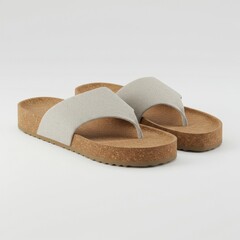 Pair of Stylish Silver Glitter Thong Sandals on a White Background with Cork Soles