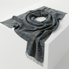Blue and Brown Textured Wool Scarf with Fringes on White Surface