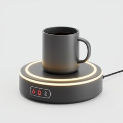 Black Mug On Led Illuminated Warmer against White Background in Studio Setting