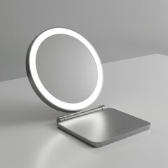 Illuminated Silver Makeup Mirror on White Tabletop for Personal Grooming