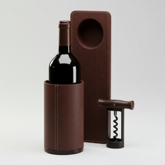Elegant Dark Wine Bottle Display with Leather Sleeve and Corkscrew on White