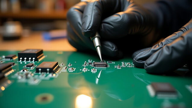 Close up of gloved hands carefully working on a green circuit board with electronic components - Powered by Adobe