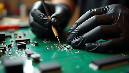 Close up of gloved hands carefully soldering small components onto green circuit board for tech repair