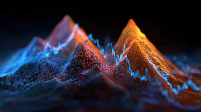 Digital landscape visualization showcases vibrant peaks and valleys, representing data trends and analytics. colorful patterns evoke sense of depth and movement, ideal for technology and finance