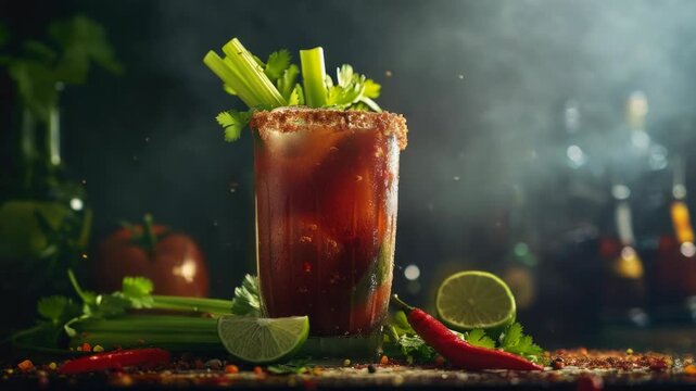 A glass of bloody mary cocktail garnished with celery stalks and a slice of lime, served with a dash of chili flakes