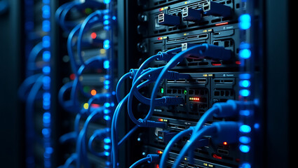 Modern data center server rack with glowing blue network cables and blinking lights