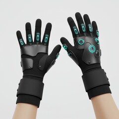 Black Cyberpunk Gloves with Glowing Blue Accents on Human Hands on Light Background