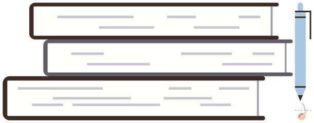 Three stacked books with a blue pen on the side emphasizing education, literacy, writing, learning, self-development, creativity, and intellectual growth. Ideal for education, research personal