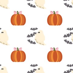 Halloween Pumpkins Ghosts and Bats Seamless Pattern on White Background