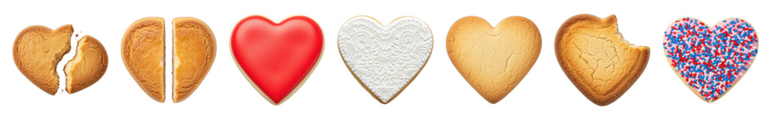 Obraz premium Heart cookies set including broken, halved, plain, red iced, white lace, bitten, and sprinkle decorated stages isolated. Love, celebration, and emotion concept.