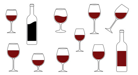 Elegant red wine collection &mdash; assorted wine glasses and bottles in minimalist flat icons, burgundy liquid, varied stemware shapes and pouring motion on white background