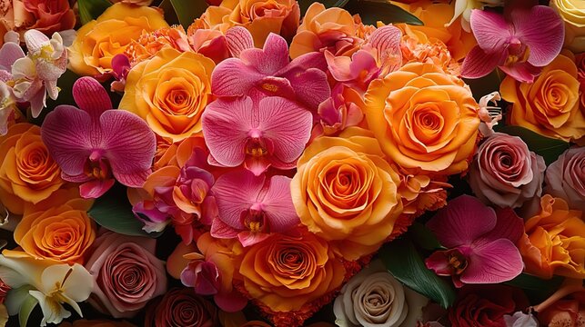 Vibrant Floral Arrangement with Orange Roses and Pink Orchids  - Powered by Adobe