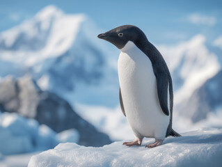 Obraz premium Adelie penguin standing on an ice floe with a stunning backdrop of snow-capped mountains and a clear blue sky, showcasing the beauty of wildlife in a polar environment