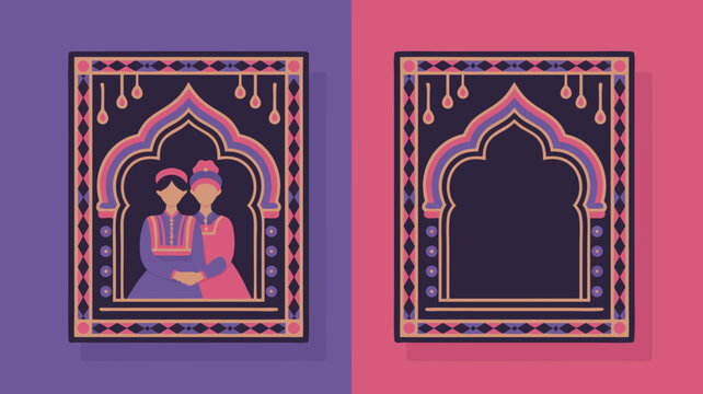 Elegant traditional Indian wedding couple portrait framed within a decorative arch, presented as a vibrant vector illustration capturing cultural celebration and love