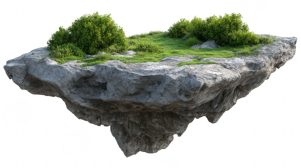 a floating rock island with a green grass field and bushes, jpeg, png, transparent