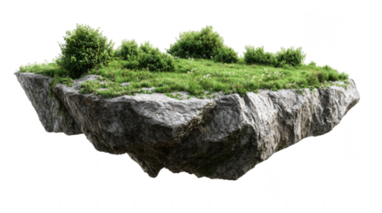 a floating rock island with a green grass field and bushes, jpeg, png, transparent